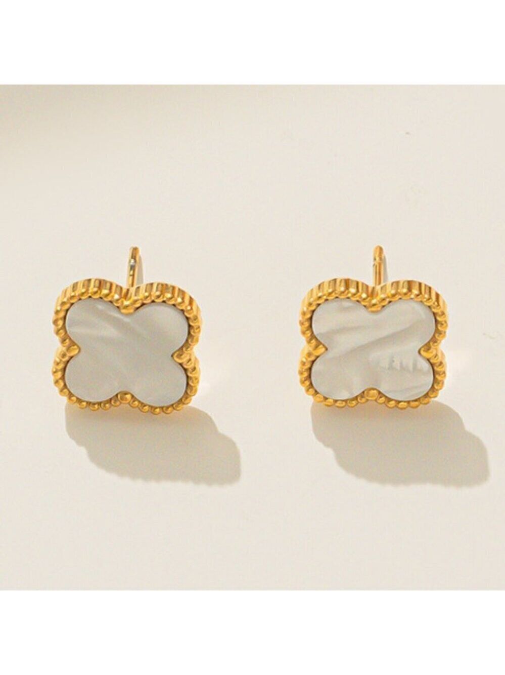 18K Gold Plated Stainless Steel Earrings, White Clover Quatrefoil Design